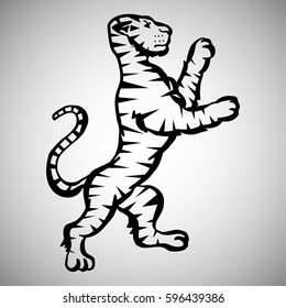 Illustration with hand drawn tiger.Tattoo design element. Heraldry and logo concept art. Drawing for coloring book.