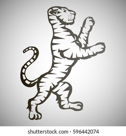 Illustration with hand drawn tiger.Tattoo design element. Heraldry and logo concept art. Drawing for coloring book.