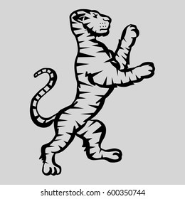 Illustration with hand drawn tiger.Tattoo design element. Heraldry and logo concept art. Drawing for coloring book.