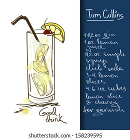 Illustration with hand drawn Tom Collins cocktail