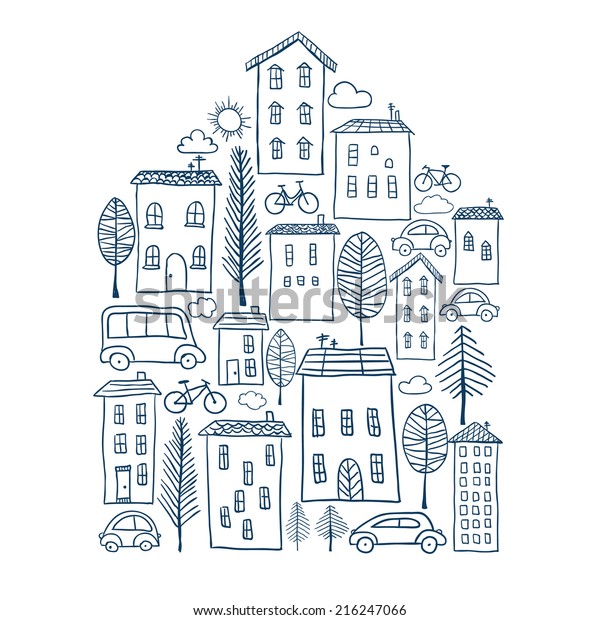 手描きの町の家の形を描いたイラスト のベクター画像素材 ロイヤリティフリー