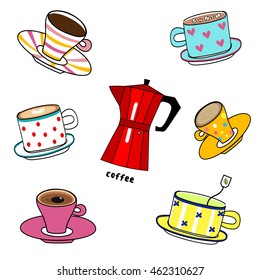 Illustration hand drawn utensils cartoon funny colorful cups of various coffee and tea with italian coffee maker isolated on white background / vector eps 10