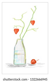 Illustration of hand drawn vase with branch with hearts, watercolor still life