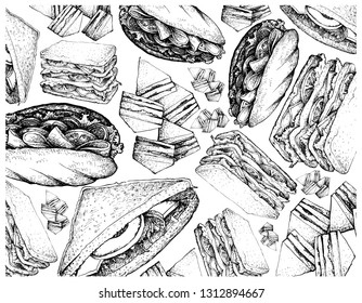 Illustration Hand Drawn Wallpaper of Sketch of Delicious Homemade Freshly Baguette Sandwiches and Club Sandwiches Isolated on White Background.