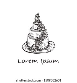Illustration with hand drawn wedding cake. Vector sketch card.