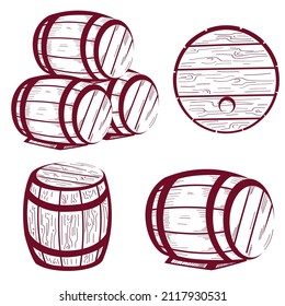 An illustration of hand drawn wine barrel from different angles. Red ink sketch. Engraving style. Isolated on white.