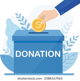 Illustration of a hand dropping a gold coin with a dollar symbol into a blue donation box, conveying the concept of charity, generosity and donating money.