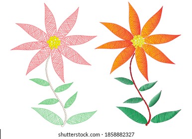 Illustration of Hand Embroidery Flower Design with Middle Cluster of French knot, Herringbone Stitch Flower Petals and, Chain stitch stem, machine embroidery design, local embroidery vector design   