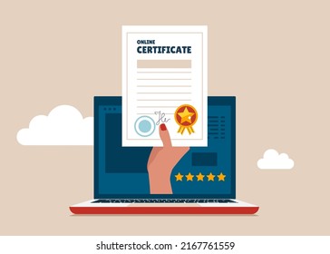 Illustration of a hand emerging from the laptop monitor and holding a piece of certificate paper. get the award. gifts and appreciation. flat design. can be used for elements, landing pages, icons