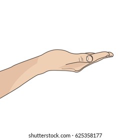 Illustration with hand. Empty open palm. Hand keeping, offering something
