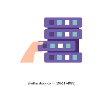 illustration of a hand entering data into a database or storage space. the concept of data entry, server information manager. flat style. vector illustration design