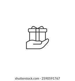 Illustration of a hand extending aoutline gift box tied with a ribbon. Represents giving, celebration, and generosity with a simple and clean design.