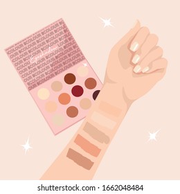 Illustration of a hand with eye shadow swatches for prints, banners, posters and design.