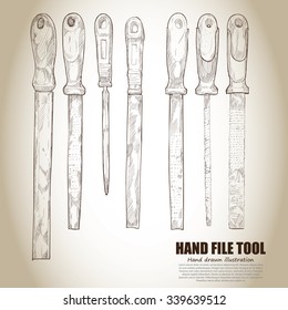 illustration of Hand file tools. hand drawn vintage style