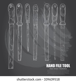 illustration of Hand file tools on chalkboard.