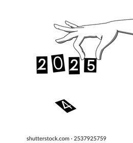 Illustration of a hand flipping numbers to change the year from 2024 to 2025, symbolizing transition, new beginnings, and time change.