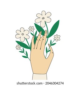 Illustration of a hand and flowers.