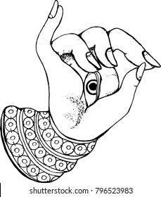 Illustration of a hand folded in a mudra, with an eye and bracelets.