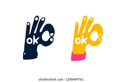 Illustration of a hand in the form of an Ok symbol. Vector. Logo for the company. Motivational sign. Colored hand and black silhouette.