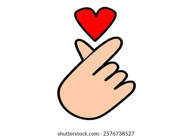 Illustration of a hand forming a heart gesture with a red heart symbol above, conveying love and affection.