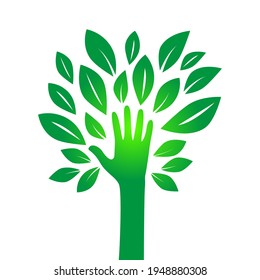 Illustration of a hand forming a tree with leaves helping nature. Dispose of, save the earth or stop the concept of global warming represented by the green sign. Isolated on white.Vector illustration