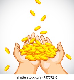 illustration of hand full of golden coin on abstract background