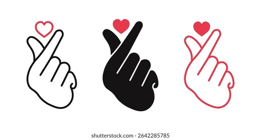 illustration of Hand gesture makes a mini heart sign icon. Set of mini finger heart outline icon collage. symbol of love and care