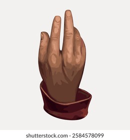 Illustration of a hand in a gesture, with three fingers raised, wearing a red sleeve. The hand is depicted in a stylized, artistic manner. Vintage art illustration, vector.