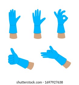 Illustration of hand gestures in blue rubber gloves isolated on a white background. Vector graphics on the theme of cleaners and other service personnel.