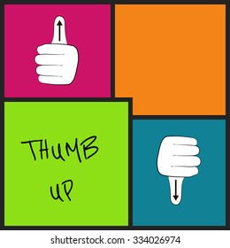 Illustration with hand gestures in colored blocks and text, t-shirt design
