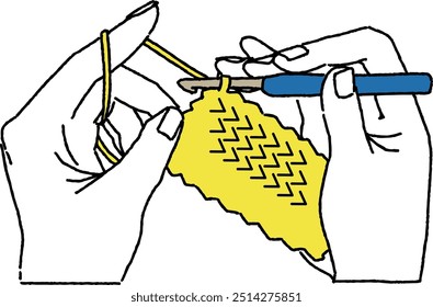 Illustration of hand gestures for knitting (hooked needle).