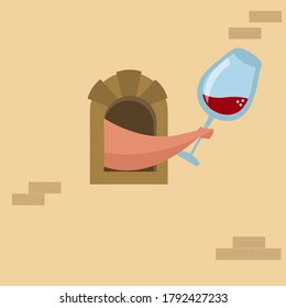 An illustration of a hand giving a glass of wine through a medieval wine window. Quarantine in Italy. Vector illustration.