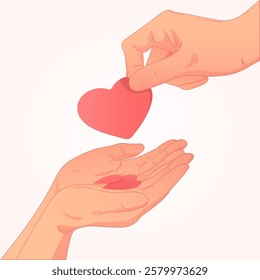 Illustration of a hand giving a red heart to another open hand, symbolizing love, care, kindness, and generosity on a light background