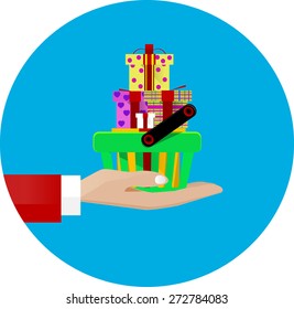 Illustration of a hand giving a shopping basket full of purchase