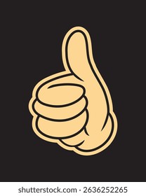 Illustration of a hand giving a thumbs up. The thumbs up gesture is depicted in a cartoon style. The hand is outlined in black against a dark background. Cartoon illustration vector.