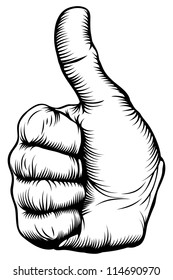 Illustration of a hand giving a thumbs up in a woodblock style