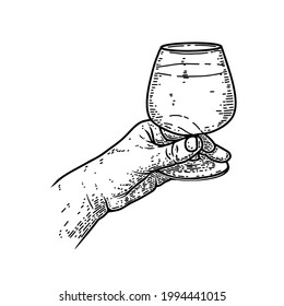 Illustration of a hand with a glass of cognac. Design element for poster, card, banner, menu. Vector illustration
