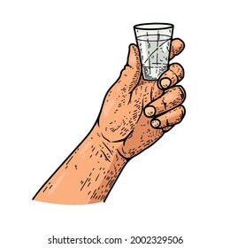 Illustration of a hand with glass of tequila. Design element for poster, card, banner, menu. Vector illustration