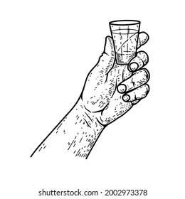 Illustration of a hand with glass of tequila. Design element for poster, card, banner, menu. Vector illustration
