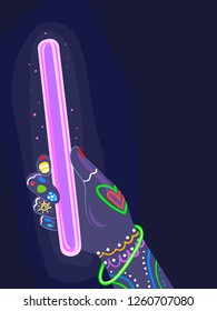 Illustration Of A Hand With Glow In The Dark Paint Holding A Glow Stick For A Party