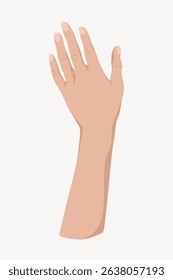 Illustration of a hand with a gold ring on the ring finger. The hand is raised with fingers slightly spread. Minimalist design on a plain background. Aesthetic vector illustration.
