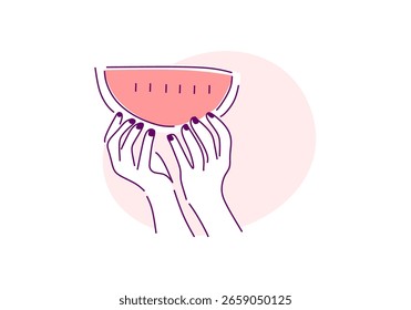 Ilustración de una mano sosteniendo con gracia una rodaja de sandía.