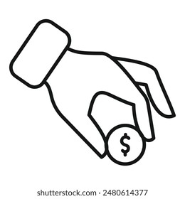 Illustration of a hand grasping a coin as a symbol of financial success and wealth building through making money, picking up currency, and earning profit, isolated on a white background