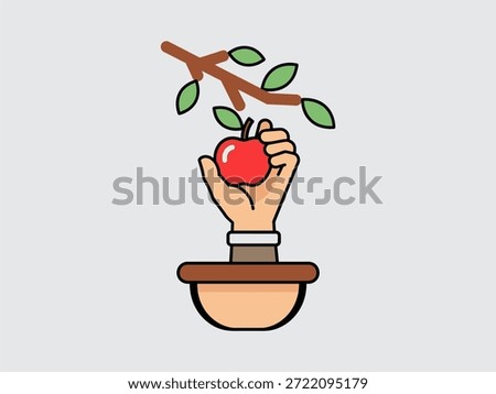 Illustration of a hand grasping a red apple attached to a branch with green leaves