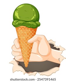 Illustration of hand with green ice cream cone