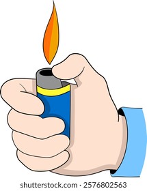 An illustration of a hand gripping a blue lighter with a visible orange flame, depicting a realistic yet cartoonish style