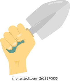 Illustration of a hand gripping a garden trowel. Perfect for gardening, landscaping, or planting-related designs. Isolated on a white background