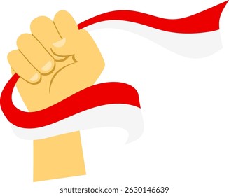 Illustration of a hand gripping a ribbon-shaped Indonesian flag on a white background, representing freedom and independence