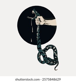 Illustration of a hand gripping a snake, with fangs exposed. The snake is coiled, dripping venom. Hand and snake in front of a dark circle background. Vintage illustration isolated on white, vector.