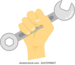 Illustration of a hand gripping a wrench against a white background. Ideal for projects related to repair, construction, or tools